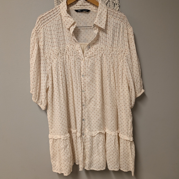 Zara Cream Mini Dress Tiered Ruffle Cottagecore Baby doll Polka Dot Cotton Large - Picture 3 of 7